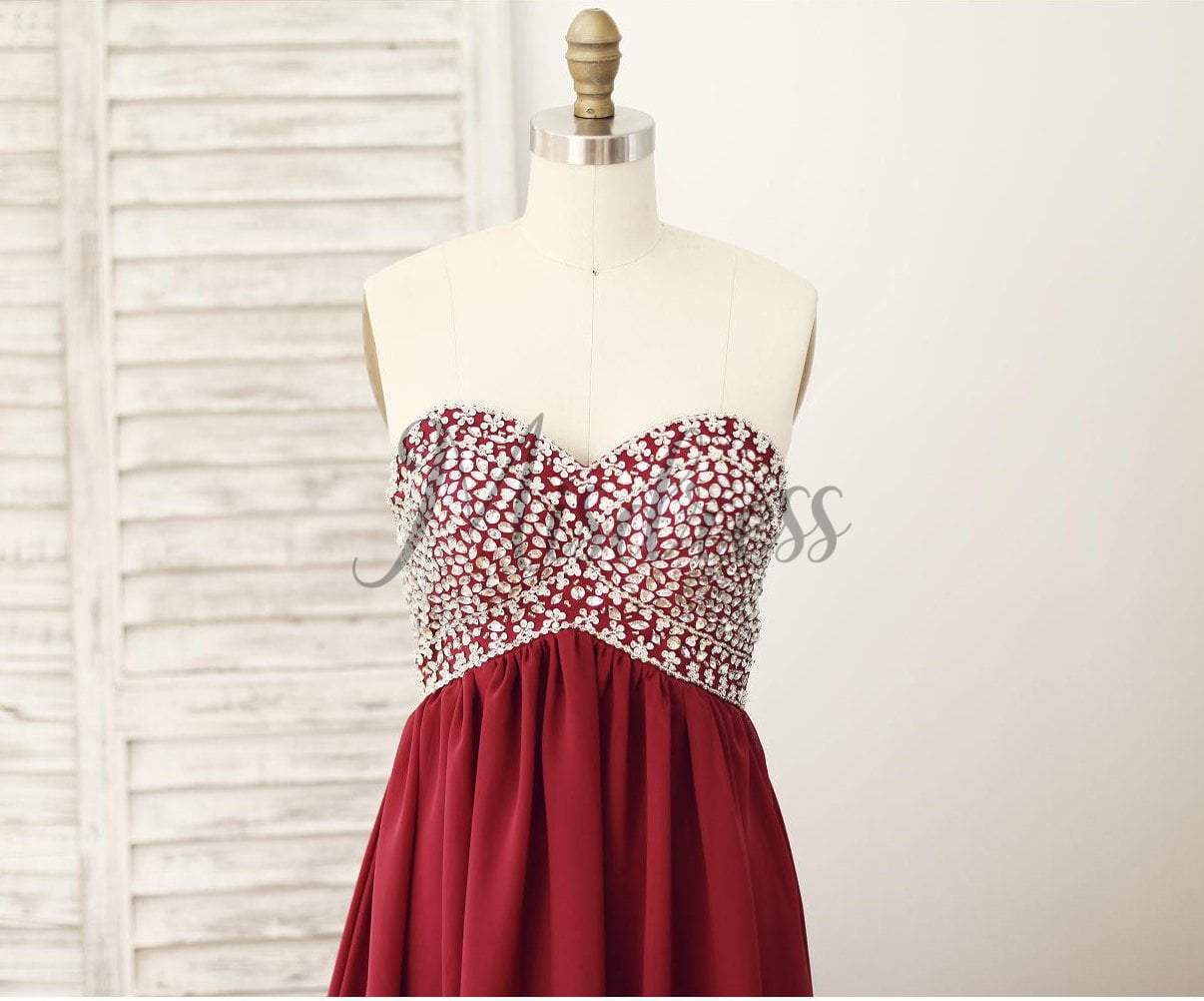 Wine Red Burgundy Chiffon Bridesmaid Dress Prom Dress Strapless Beaded Dress - Bridesmaid Dresses