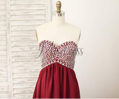 Wine Red Burgundy Chiffon Bridesmaid Dress Prom Dress Strapless Beaded Dress - Bridesmaid Dresses