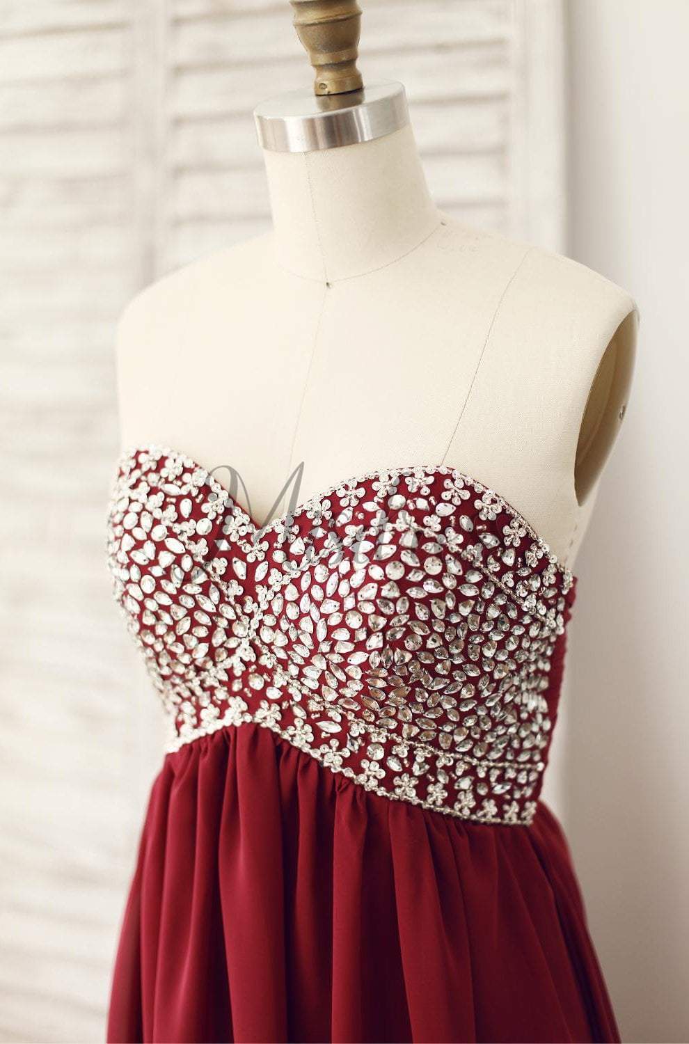 Wine Red Burgundy Chiffon Bridesmaid Dress Prom Dress Strapless Beaded Dress - Bridesmaid Dresses