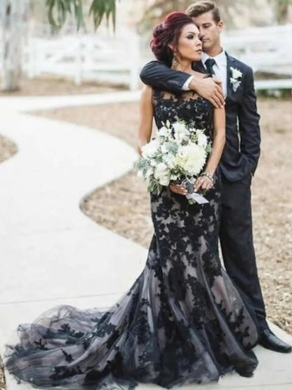 Mermaid Bateau Sleeveless Court Lace Tulle Black Wedding Dress